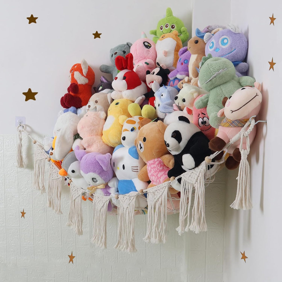 Large Stuffed Animal Net or Hammock, Boho Macrame Toy Hammock with LED Lights, Decorate Room Space Saving Pet Net for Stuffed Animals, Suitable for Nursery, Playroom, Kids Bedroom