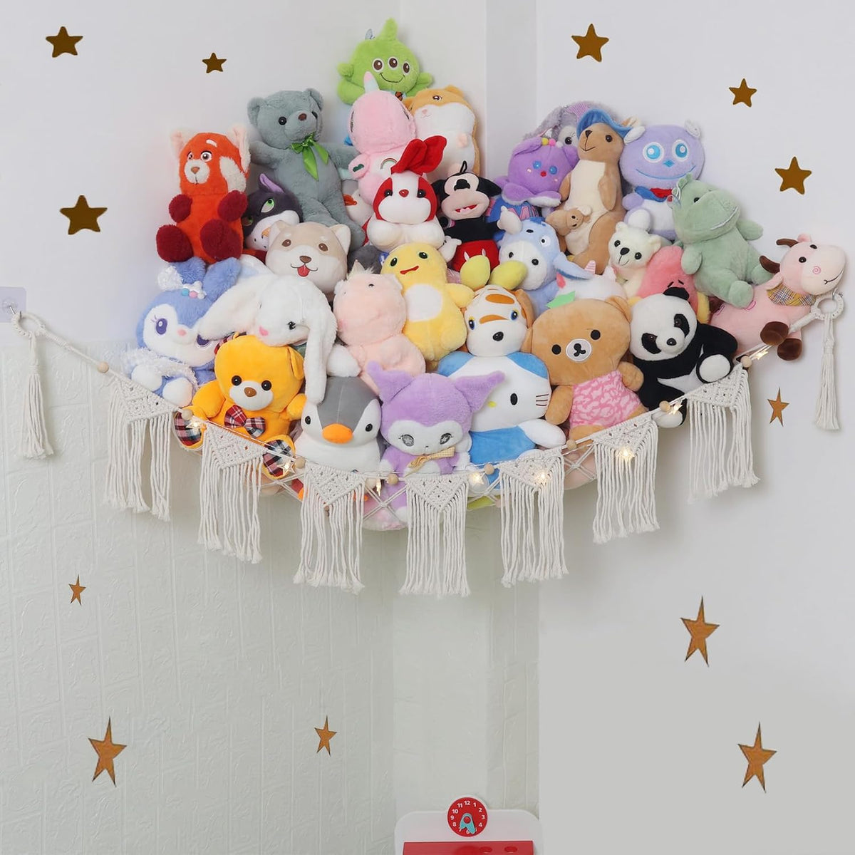 Large Stuffed Animal Net or Hammock, Boho Macrame Toy Hammock with LED Lights, Decorate Room Space Saving Pet Net for Stuffed Animals, Suitable for Nursery, Playroom, Kids Bedroom