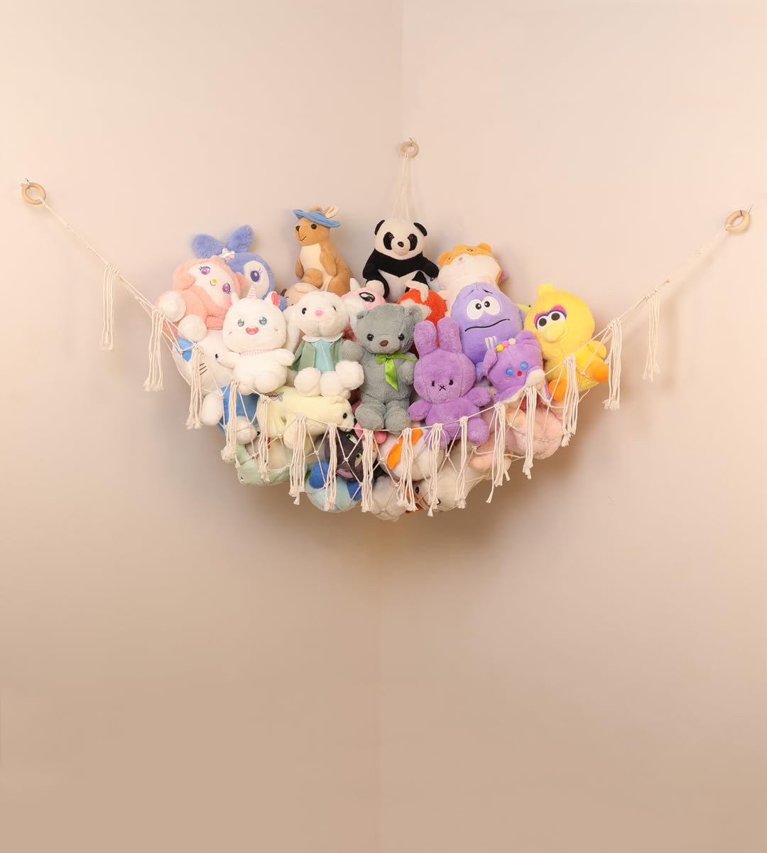 Large Stuffed Animal Net or Hammock, Boho Macrame Toy Hammock with LED Lights, Decorate Room Space Saving Pet Net for Stuffed Animals, Suitable for Nursery, Playroom, Kids Bedroom