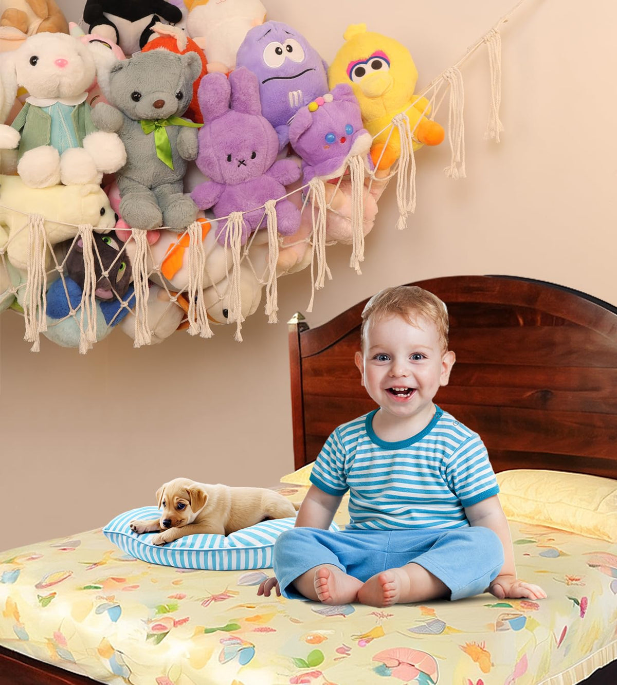Large Stuffed Animal Net or Hammock, Boho Macrame Toy Hammock with LED Lights, Decorate Room Space Saving Pet Net for Stuffed Animals, Suitable for Nursery, Playroom, Kids Bedroom
