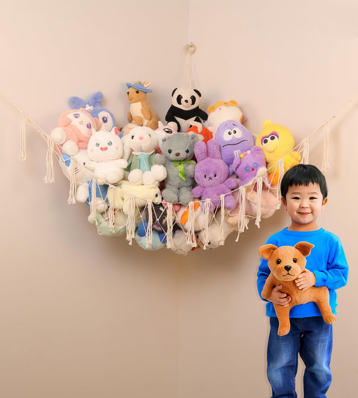 Large Stuffed Animal Net or Hammock, Boho Macrame Toy Hammock with LED Lights, Decorate Room Space Saving Pet Net for Stuffed Animals, Suitable for Nursery, Playroom, Kids Bedroom