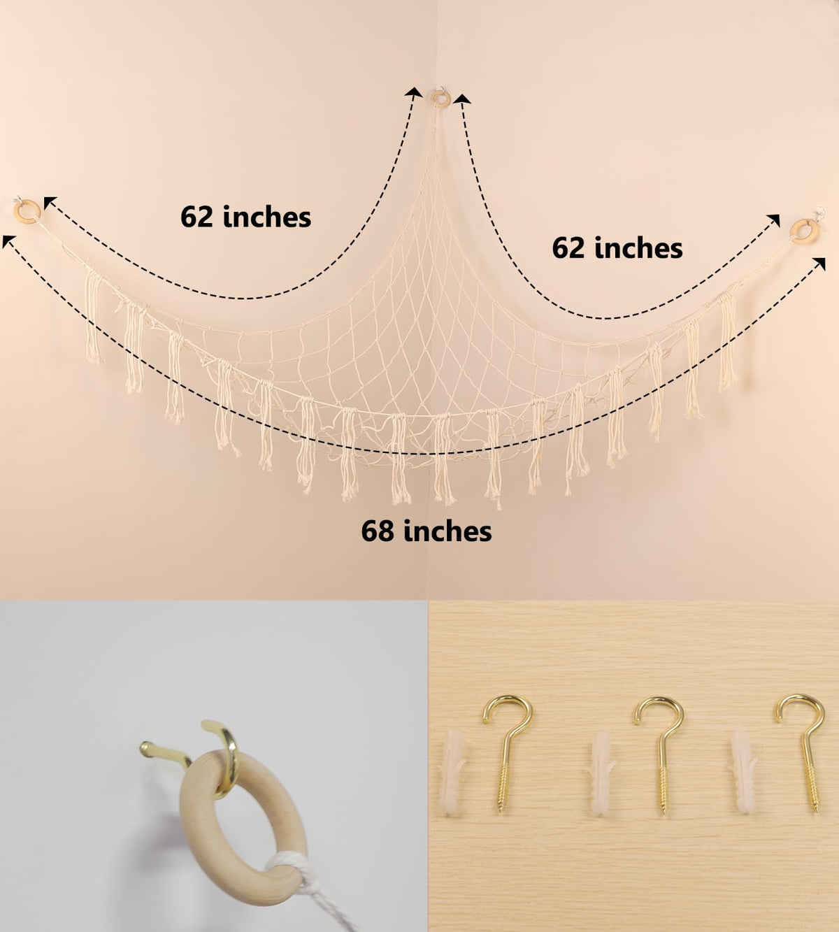 Large Stuffed Animal Net or Hammock, Boho Macrame Toy Hammock with LED Lights, Decorate Room Space Saving Pet Net for Stuffed Animals, Suitable for Nursery, Playroom, Kids Bedroom