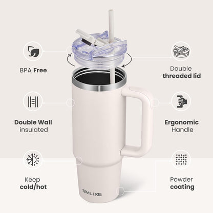 30 oz Tumbler with Handle, Tumbler with Lid and Straw, Double Wall Vacuum Insulated Travel Mug Stainless Steel Tumbler for Hot and Cold, Cupholder Friendly (Almond Birch)