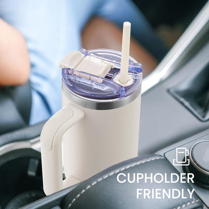 30 oz Tumbler with Handle, Tumbler with Lid and Straw, Double Wall Vacuum Insulated Travel Mug Stainless Steel Tumbler for Hot and Cold, Cupholder Friendly (Almond Birch)