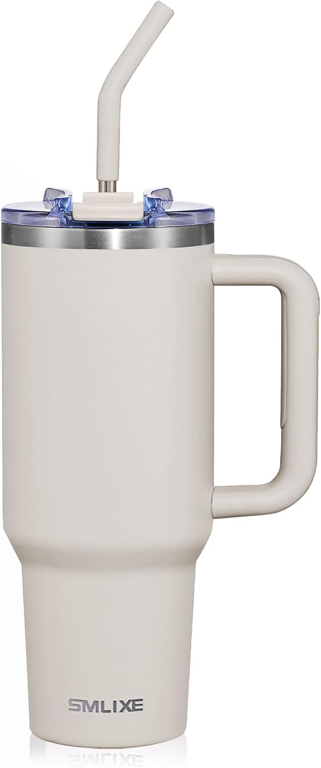 30 oz Tumbler with Handle, Tumbler with Lid and Straw, Double Wall Vacuum Insulated Travel Mug Stainless Steel Tumbler for Hot and Cold, Cupholder Friendly (Almond Birch)