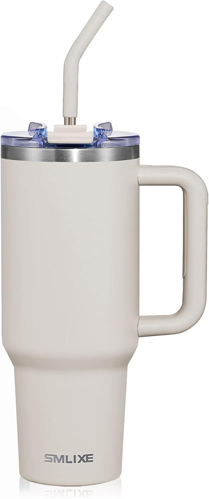 30 oz Tumbler with Handle, Tumbler with Lid and Straw, Double Wall Vacuum Insulated Travel Mug Stainless Steel Tumbler for Hot and Cold, Cupholder Friendly (Almond Birch)