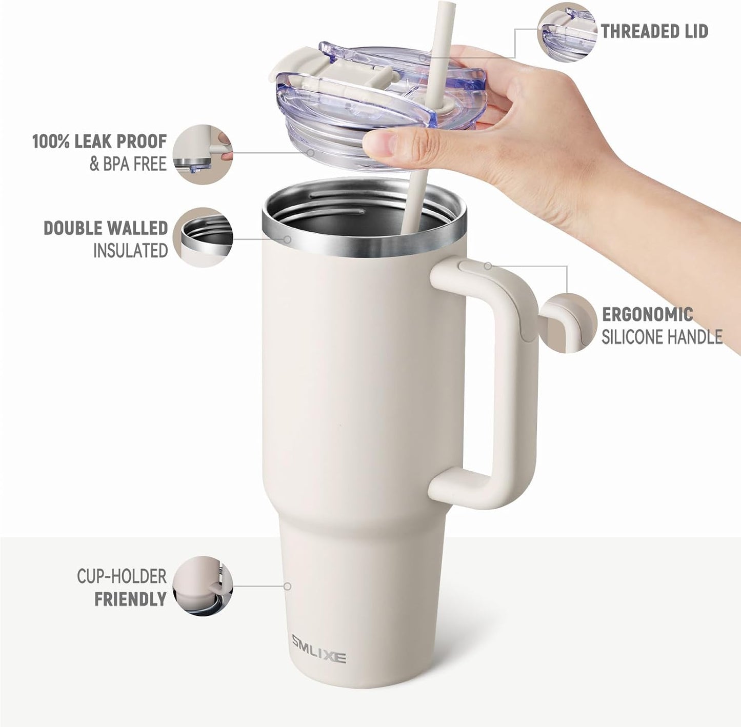 30 oz Tumbler with Handle, Tumbler with Lid and Straw, Double Wall Vacuum Insulated Travel Mug Stainless Steel Tumbler for Hot and Cold, Cupholder Friendly (Almond Birch)