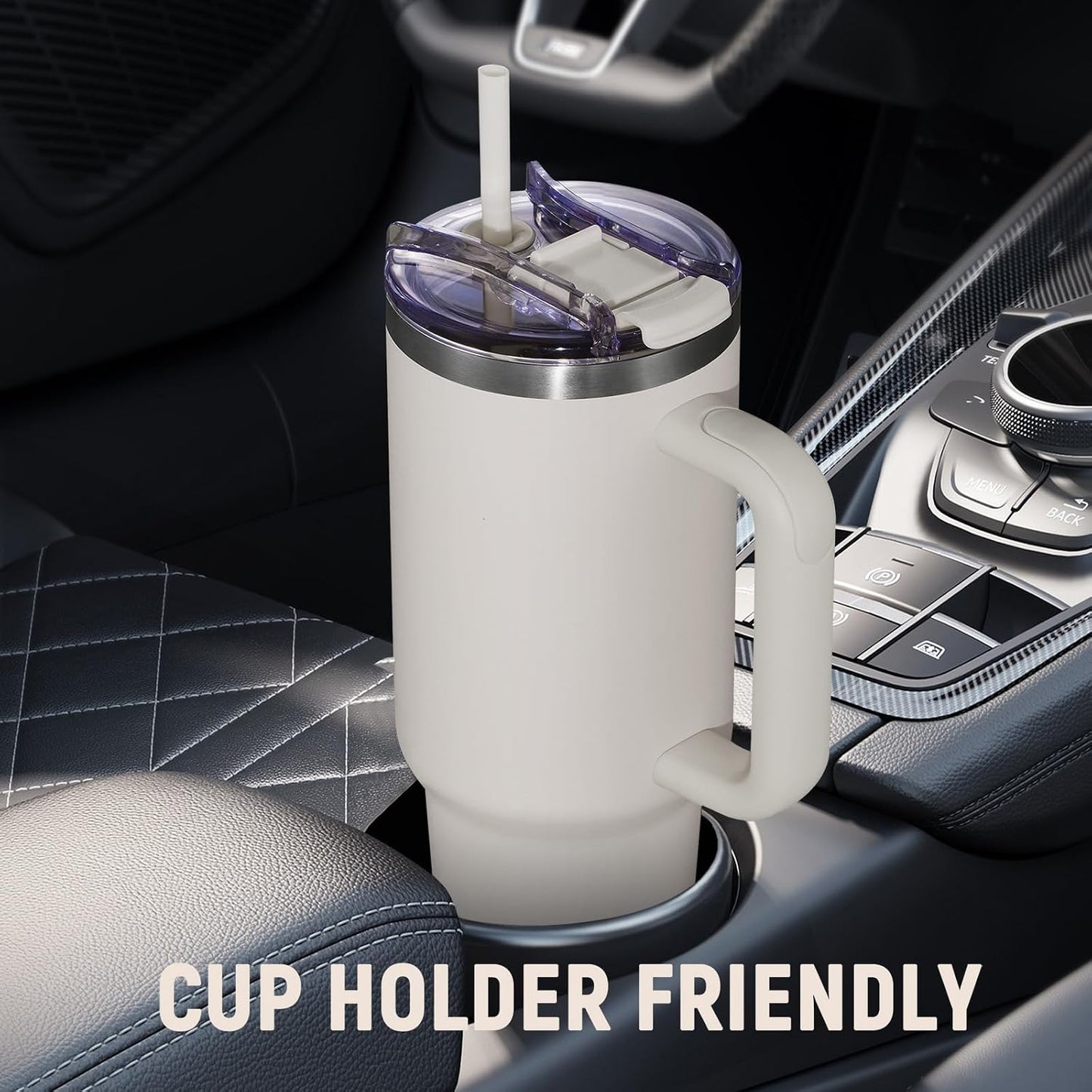 30 oz Tumbler with Handle, Tumbler with Lid and Straw, Double Wall Vacuum Insulated Travel Mug Stainless Steel Tumbler for Hot and Cold, Cupholder Friendly (Almond Birch)
