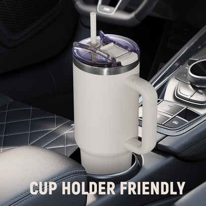 30 oz Tumbler with Handle, Tumbler with Lid and Straw, Double Wall Vacuum Insulated Travel Mug Stainless Steel Tumbler for Hot and Cold, Cupholder Friendly (Almond Birch)