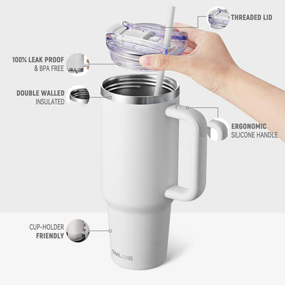 30 oz Tumbler with Handle, Tumbler with Lid and Straw, Double Wall Vacuum Insulated Travel Mug Stainless Steel Tumbler for Hot and Cold, Cupholder Friendly (Almond Birch)
