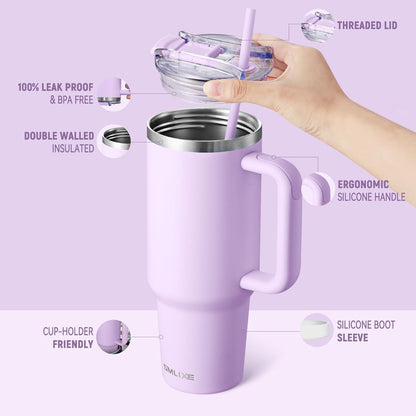 30 oz Tumbler with Handle, Tumbler with Lid and Straw, Double Wall Vacuum Insulated Travel Mug Stainless Steel Tumbler for Hot and Cold, Cupholder Friendly (Almond Birch)