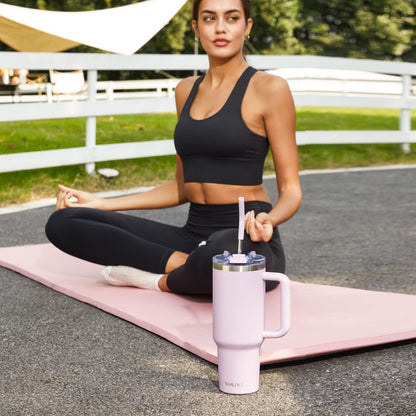 30 oz Tumbler with Handle, Tumbler with Lid and Straw, Double Wall Vacuum Insulated Travel Mug Stainless Steel Tumbler for Hot and Cold, Cupholder Friendly (Almond Birch)