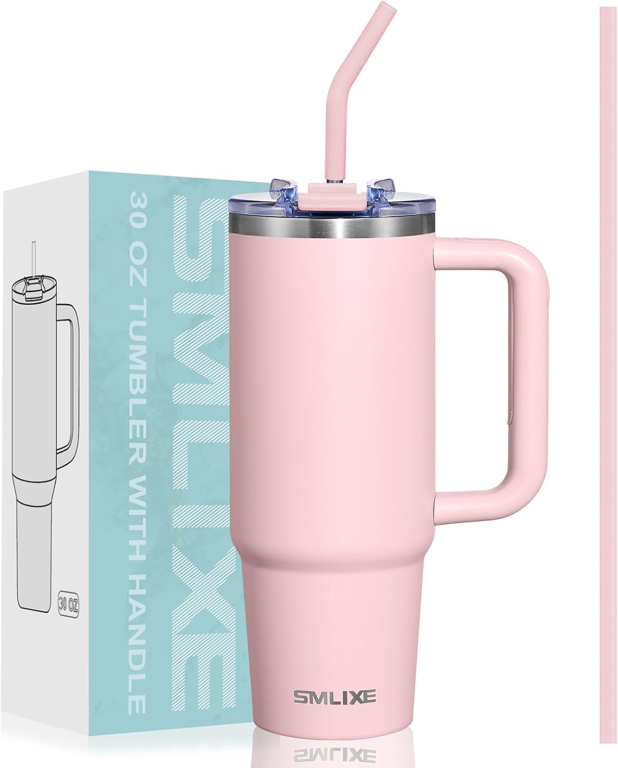 30 oz Tumbler with Handle, Tumbler with Lid and Straw, Double Wall Vacuum Insulated Travel Mug Stainless Steel Tumbler for Hot and Cold, Cupholder Friendly (Almond Birch)
