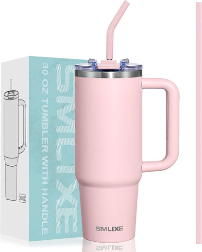 30 oz Tumbler with Handle, Tumbler with Lid and Straw, Double Wall Vacuum Insulated Travel Mug Stainless Steel Tumbler for Hot and Cold, Cupholder Friendly (Almond Birch)