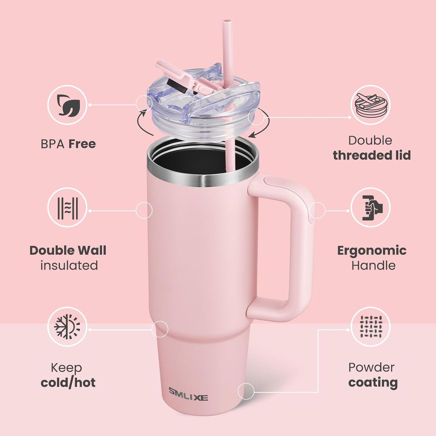 30 oz Tumbler with Handle, Tumbler with Lid and Straw, Double Wall Vacuum Insulated Travel Mug Stainless Steel Tumbler for Hot and Cold, Cupholder Friendly (Almond Birch)
