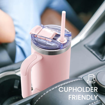 30 oz Tumbler with Handle, Tumbler with Lid and Straw, Double Wall Vacuum Insulated Travel Mug Stainless Steel Tumbler for Hot and Cold, Cupholder Friendly (Almond Birch)