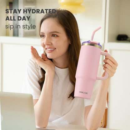 30 oz Tumbler with Handle, Tumbler with Lid and Straw, Double Wall Vacuum Insulated Travel Mug Stainless Steel Tumbler for Hot and Cold, Cupholder Friendly (Almond Birch)