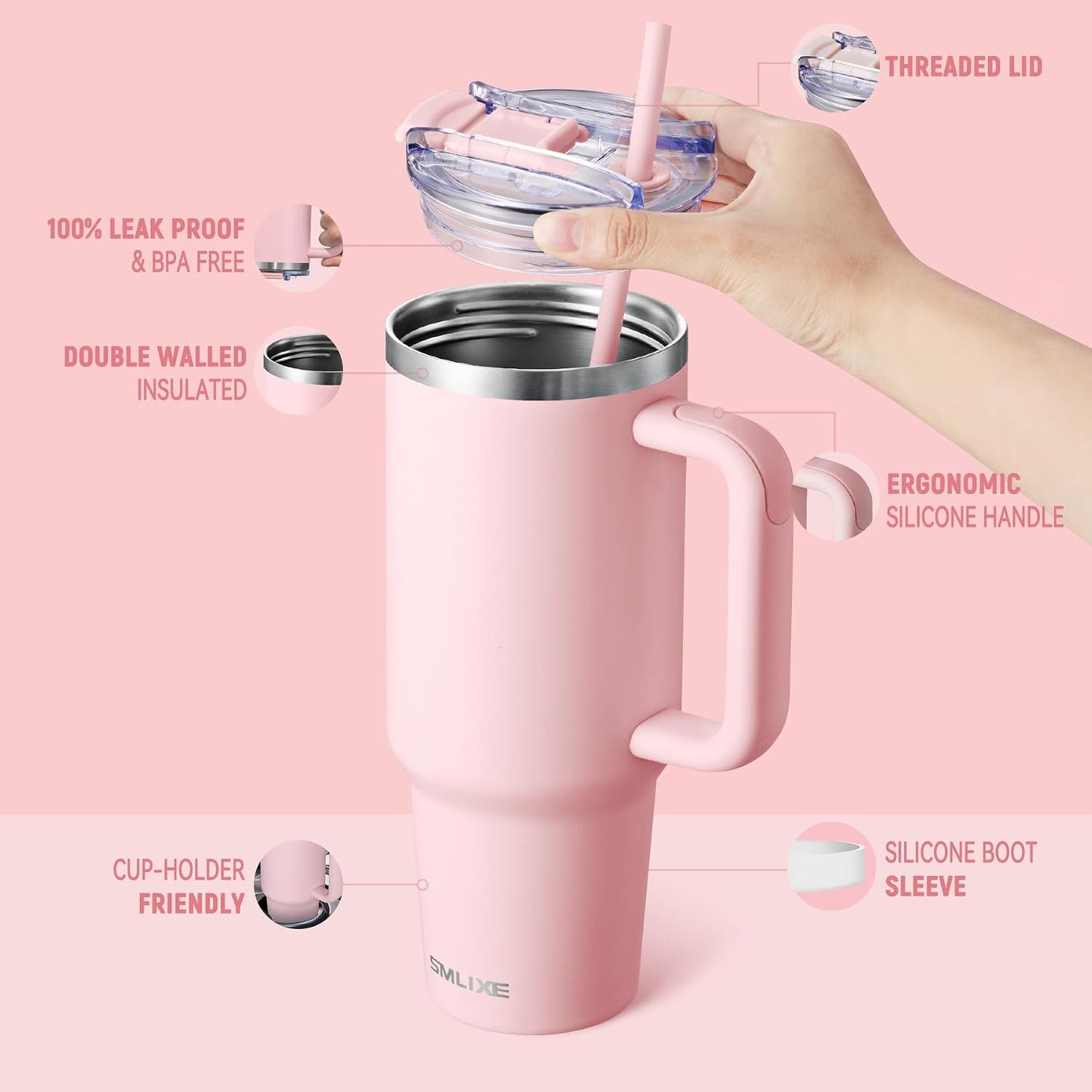 30 oz Tumbler with Handle, Tumbler with Lid and Straw, Double Wall Vacuum Insulated Travel Mug Stainless Steel Tumbler for Hot and Cold, Cupholder Friendly (Almond Birch)