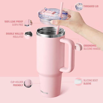 30 oz Tumbler with Handle, Tumbler with Lid and Straw, Double Wall Vacuum Insulated Travel Mug Stainless Steel Tumbler for Hot and Cold, Cupholder Friendly (Almond Birch)