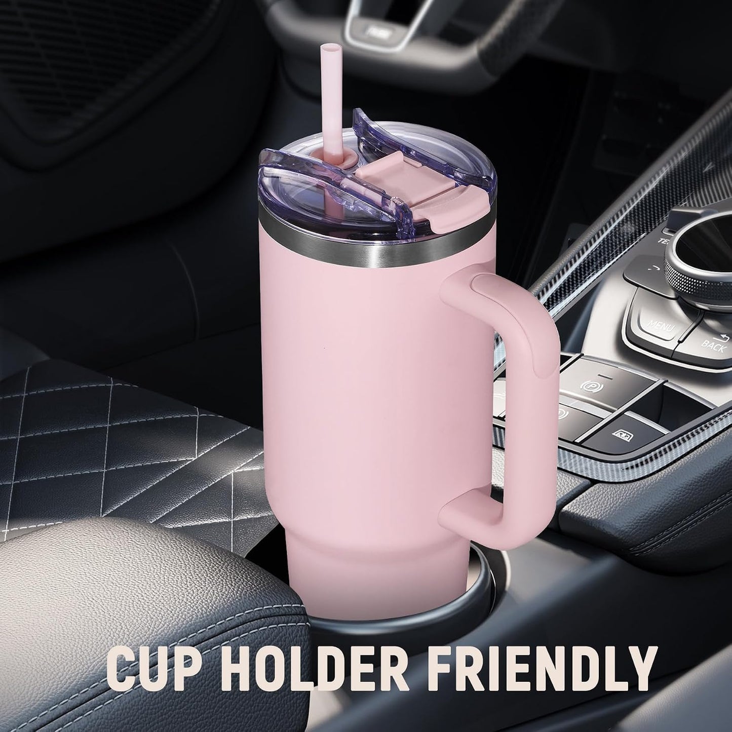 30 oz Tumbler with Handle, Tumbler with Lid and Straw, Double Wall Vacuum Insulated Travel Mug Stainless Steel Tumbler for Hot and Cold, Cupholder Friendly (Almond Birch)