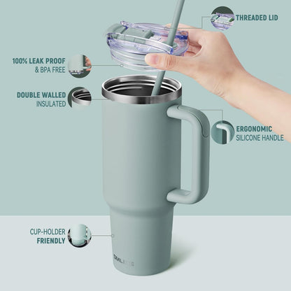 30 oz Tumbler with Handle, Tumbler with Lid and Straw, Double Wall Vacuum Insulated Travel Mug Stainless Steel Tumbler for Hot and Cold, Cupholder Friendly (Almond Birch)
