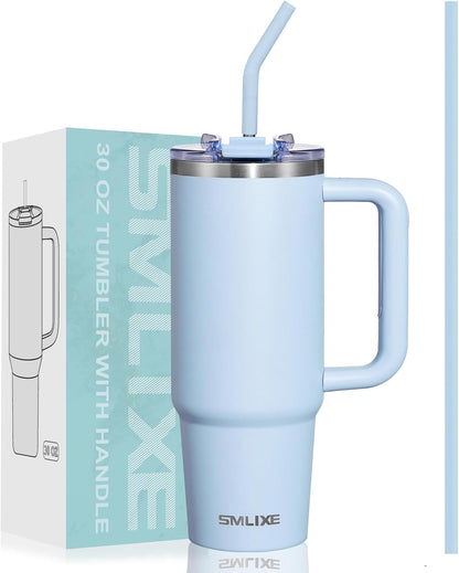 30 oz Tumbler with Handle, Tumbler with Lid and Straw, Double Wall Vacuum Insulated Travel Mug Stainless Steel Tumbler for Hot and Cold, Cupholder Friendly (Almond Birch)