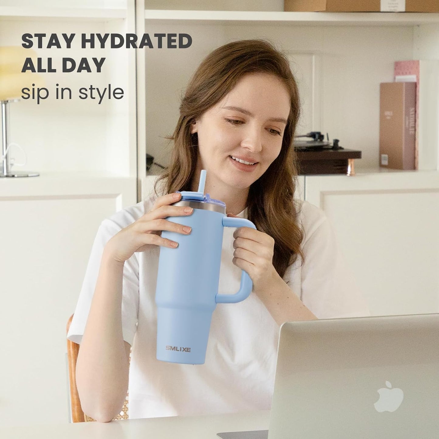 30 oz Tumbler with Handle, Tumbler with Lid and Straw, Double Wall Vacuum Insulated Travel Mug Stainless Steel Tumbler for Hot and Cold, Cupholder Friendly (Almond Birch)