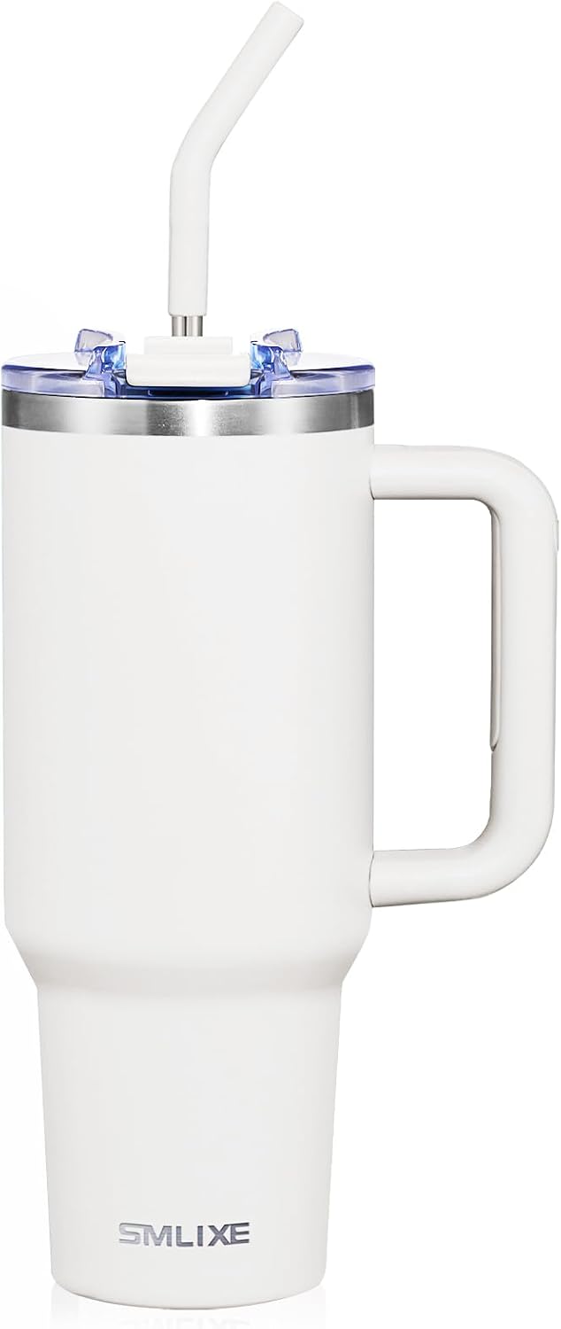 30 oz Tumbler with Handle, Tumbler with Lid and Straw, Double Wall Vacuum Insulated Travel Mug Stainless Steel Tumbler for Hot and Cold, Cupholder Friendly (Almond Birch)