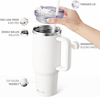 30 oz Tumbler with Handle, Tumbler with Lid and Straw, Double Wall Vacuum Insulated Travel Mug Stainless Steel Tumbler for Hot and Cold, Cupholder Friendly (Almond Birch)