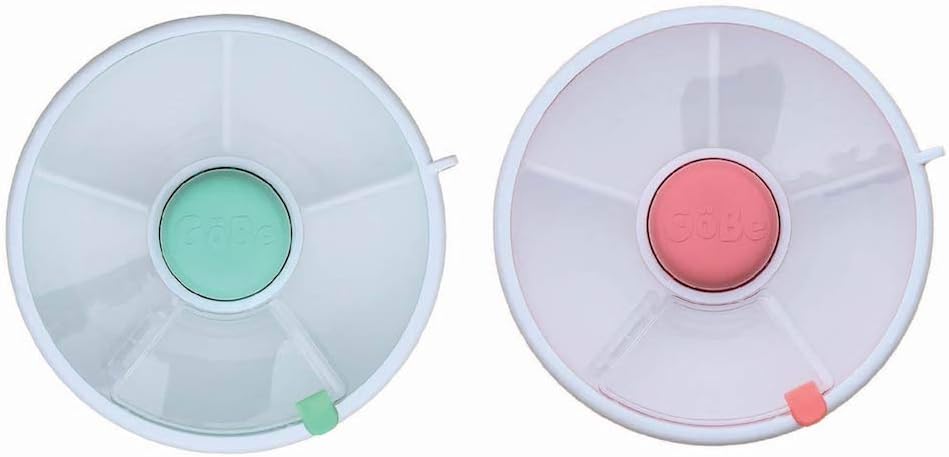 GoBe 2 Pack Kids Snack Spinner - Teal/Coral - Reusable Snack Container with 5 Compartment Dispenser and Lid - Leakproof, Spill-Proof - for Toddlers, Babies, Home, Travel