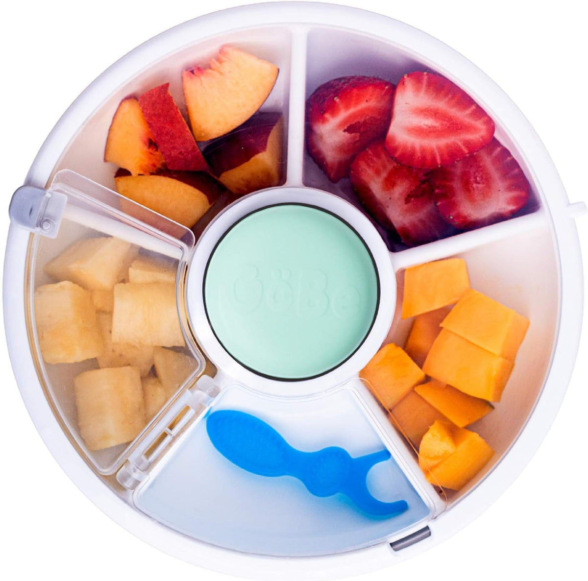 GoBe 2 Pack Kids Snack Spinner - Teal/Coral - Reusable Snack Container with 5 Compartment Dispenser and Lid - Leakproof, Spill-Proof - for Toddlers, Babies, Home, Travel