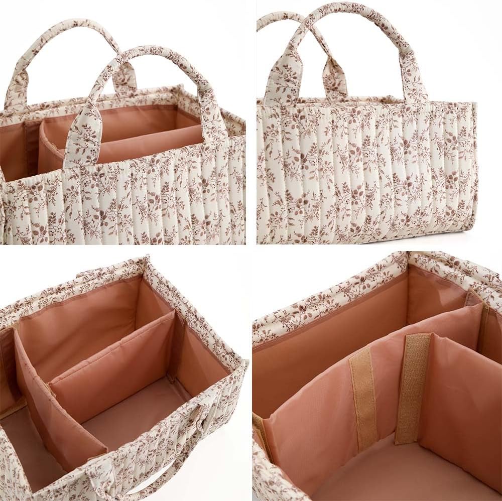 Floral Baby Diaper Caddy Organizer - Stylish Water-resistent Nursery Storage Basket for Diapers and Baby Wipes, Diaper Stacker Car Organizer, newborn nursery Gift (Pink)