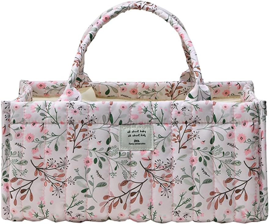 Floral Baby Diaper Caddy Organizer - Stylish Water-resistent Nursery Storage Basket for Diapers and Baby Wipes, Diaper Stacker Car Organizer, newborn nursery Gift (Pink)