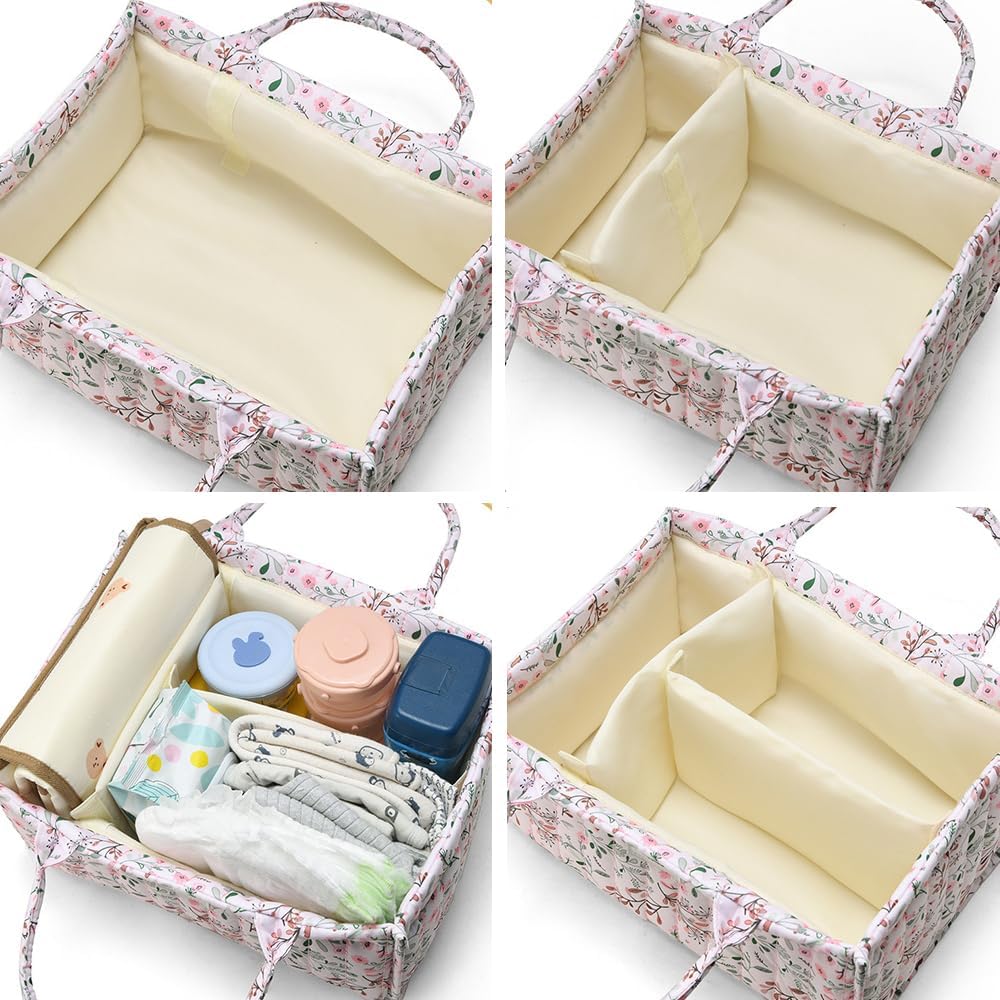Floral Baby Diaper Caddy Organizer - Stylish Water-resistent Nursery Storage Basket for Diapers and Baby Wipes, Diaper Stacker Car Organizer, newborn nursery Gift (Pink)
