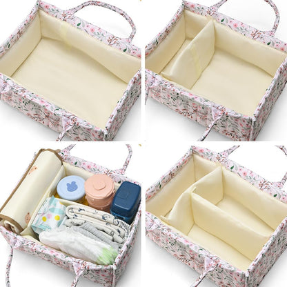 Floral Baby Diaper Caddy Organizer - Stylish Water-resistent Nursery Storage Basket for Diapers and Baby Wipes, Diaper Stacker Car Organizer, newborn nursery Gift (Pink)