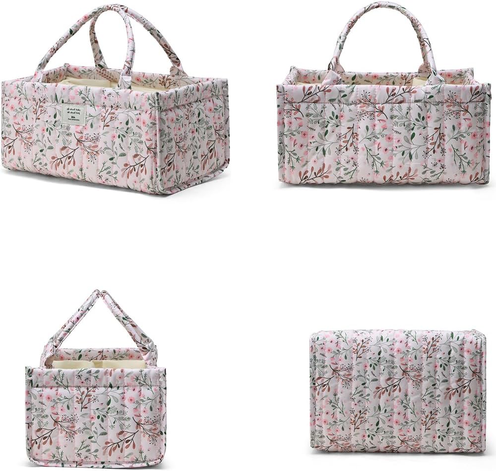 Floral Baby Diaper Caddy Organizer - Stylish Water-resistent Nursery Storage Basket for Diapers and Baby Wipes, Diaper Stacker Car Organizer, newborn nursery Gift (Pink)