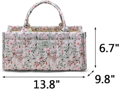 Floral Baby Diaper Caddy Organizer - Stylish Water-resistent Nursery Storage Basket for Diapers and Baby Wipes, Diaper Stacker Car Organizer, newborn nursery Gift (Pink)