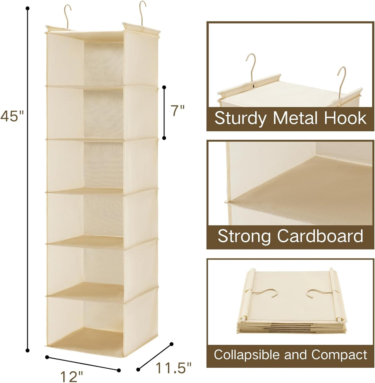 6 Tier Hanging Closet Organizer with 2 Sturdy Hooks, Grey