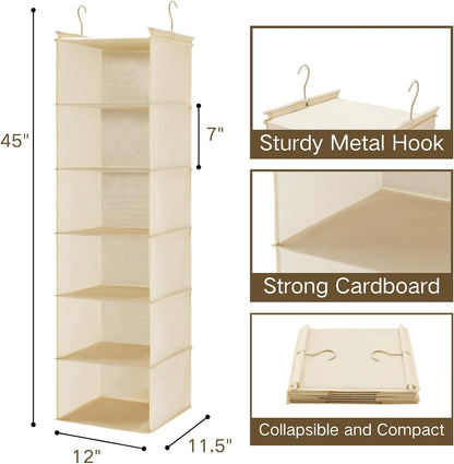 6 Tier Hanging Closet Organizer with 2 Sturdy Hooks, Grey