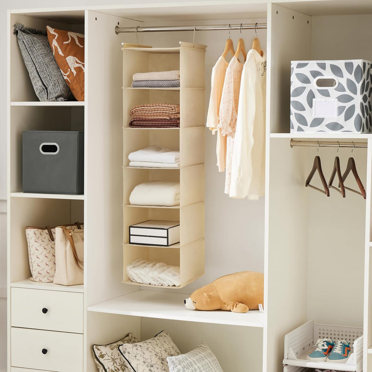 6 Tier Hanging Closet Organizer with 2 Sturdy Hooks, Grey