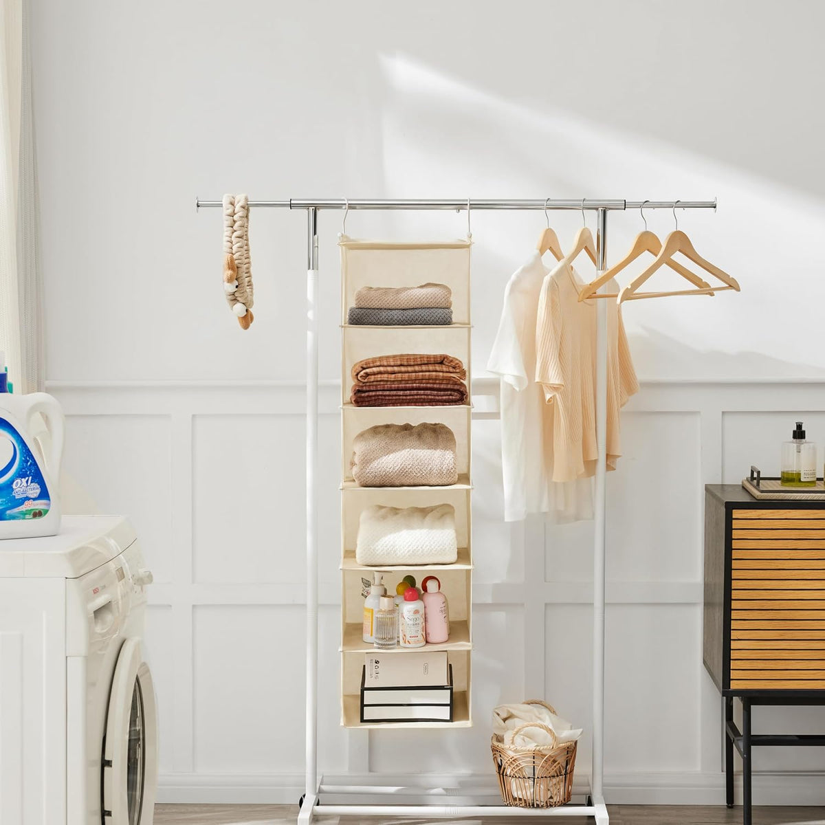 6 Tier Hanging Closet Organizer with 2 Sturdy Hooks, Grey