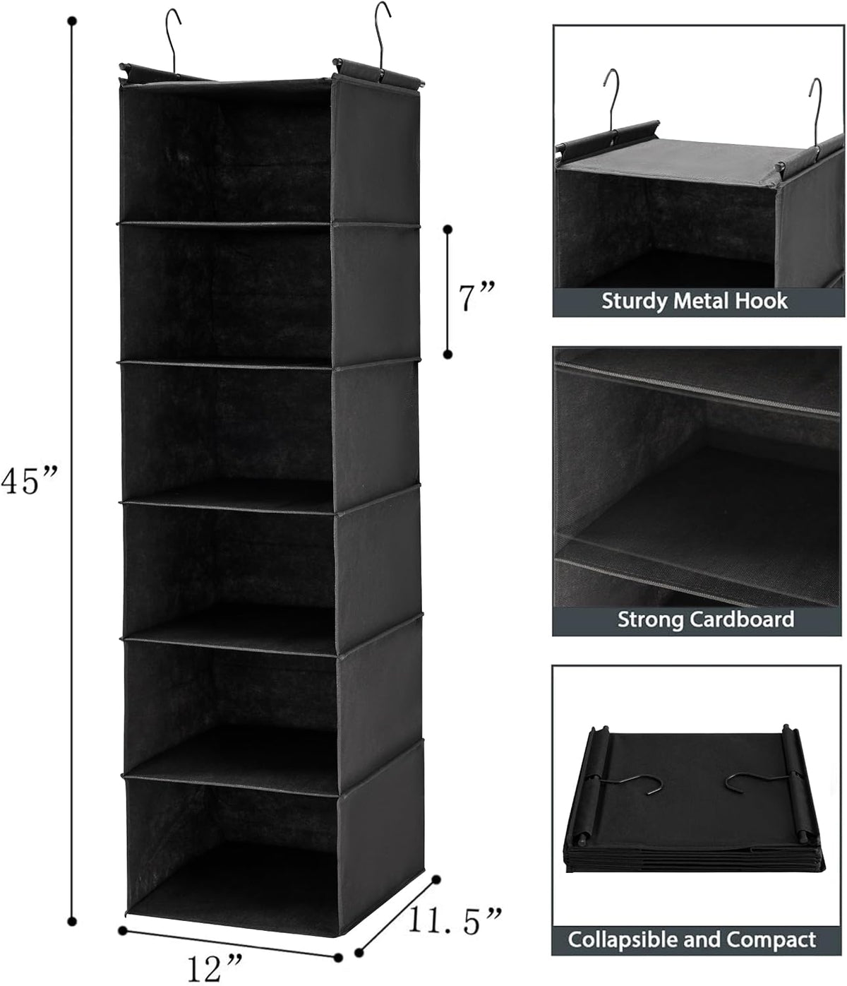 6 Tier Hanging Closet Organizer with 2 Sturdy Hooks, Grey