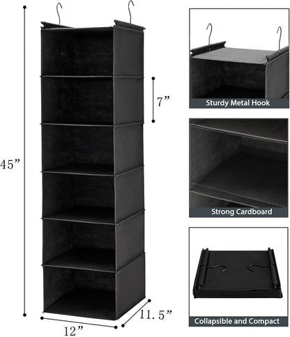 6 Tier Hanging Closet Organizer with 2 Sturdy Hooks, Grey