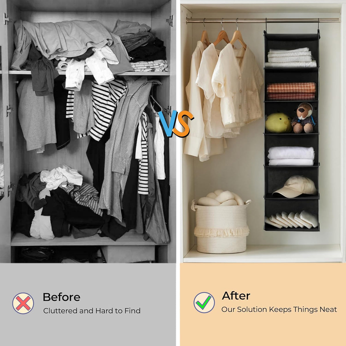 6 Tier Hanging Closet Organizer with 2 Sturdy Hooks, Grey