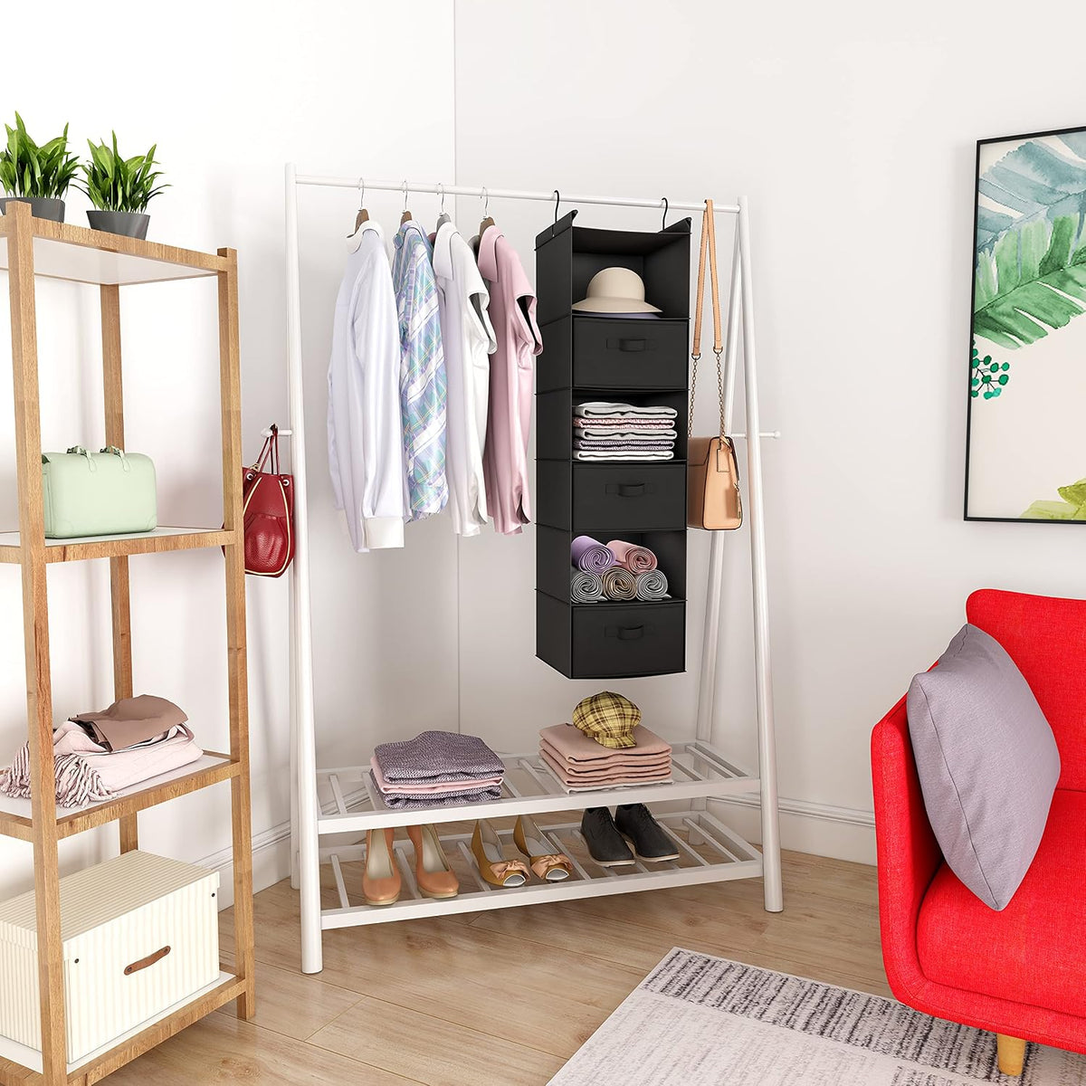 6 Tier Hanging Closet Organizer with 2 Sturdy Hooks, Grey