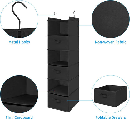 6 Tier Hanging Closet Organizer with 2 Sturdy Hooks, Grey