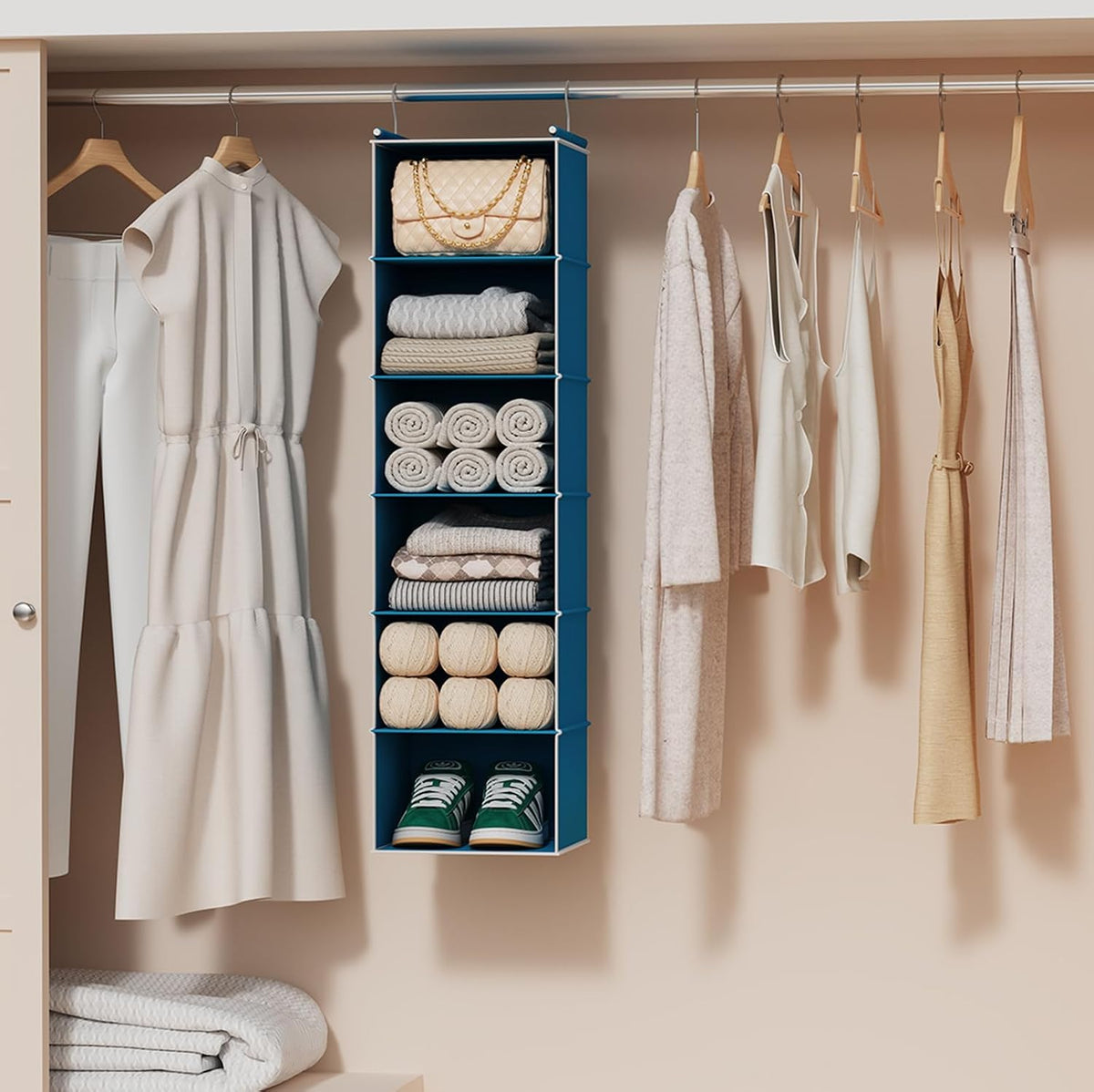 6 Tier Hanging Closet Organizer with 2 Sturdy Hooks, Grey
