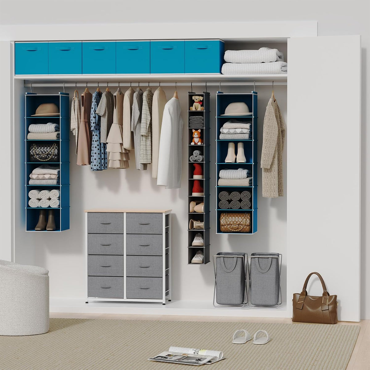 6 Tier Hanging Closet Organizer with 2 Sturdy Hooks, Grey