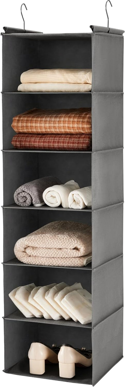 6 Tier Hanging Closet Organizer with 2 Sturdy Hooks, Grey