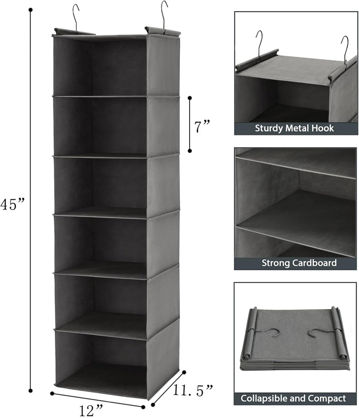 6 Tier Hanging Closet Organizer with 2 Sturdy Hooks, Grey